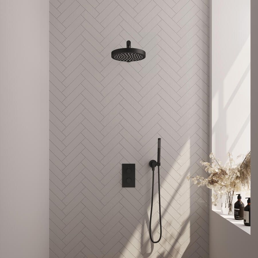 Brauer Stripe thermostatische inbouw regendouche 3-weg rechthoekig SET 13 met 25 cm douchekop en rechte muurarm en staaf handdouche en doucheslang en wandaansluitbocht mat zwart