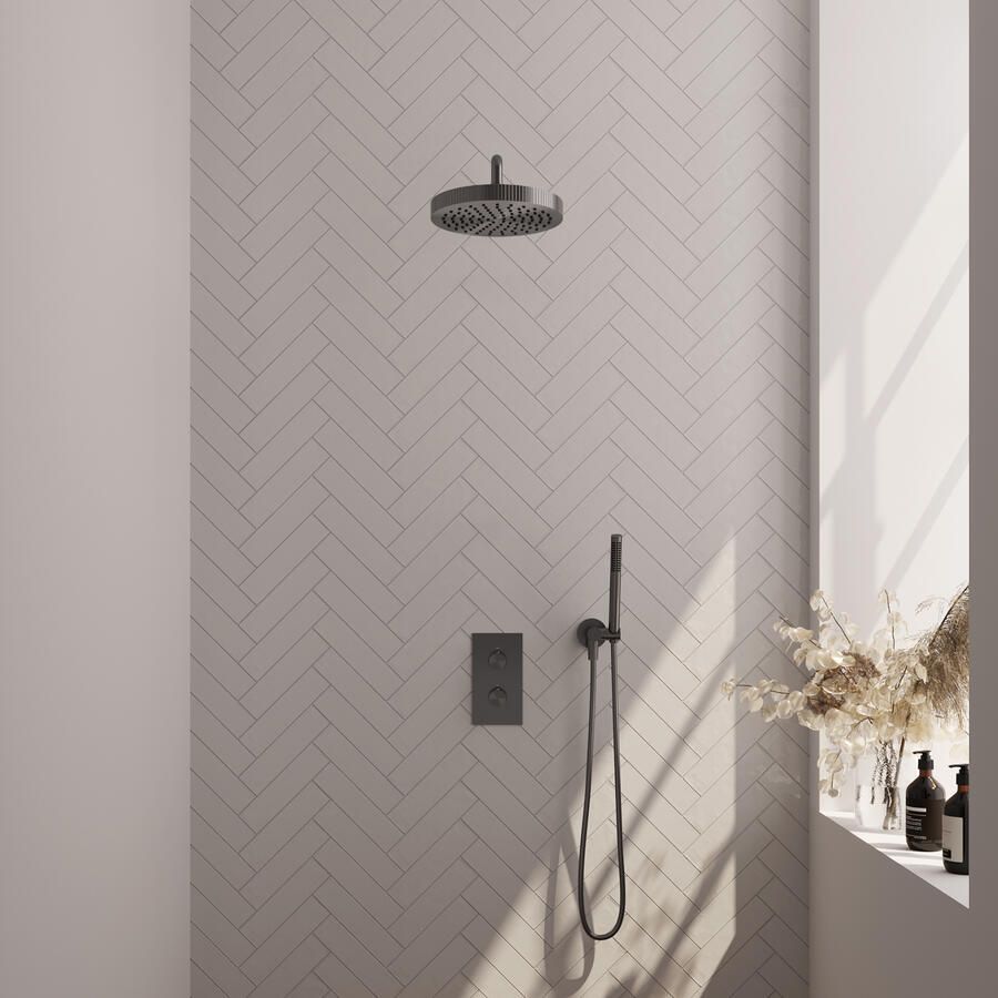Brauer Stripe thermostatische inbouw regendouche 3-weg rechthoekig SET 14 met 25 cm douchekop en gebogen muurarm en staaf handdouche en doucheslang en wandaansluitbocht gunmetal geborsteld PVD
