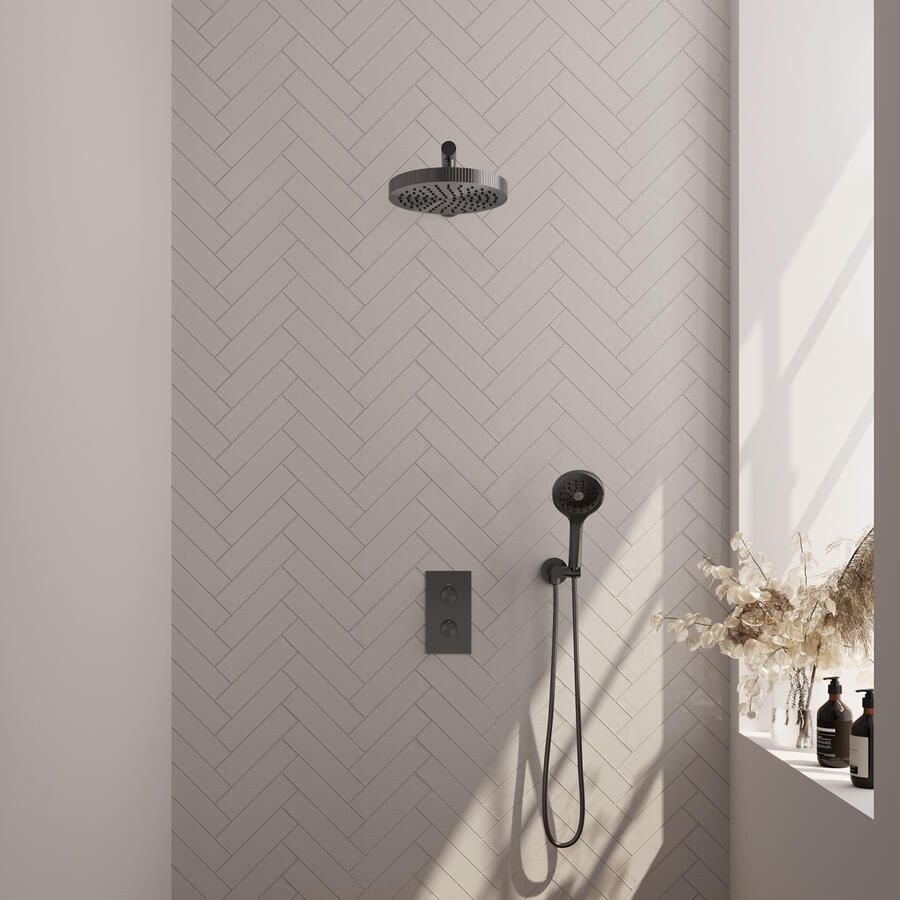Brauer Stripe thermostatische inbouw regendouche 3-weg rechthoekig SET 16 met 25 cm douchekop en rechte muurarm en 3-standen handdouche en doucheslang en wandaansluitbocht gunmetal geborsteld PVD