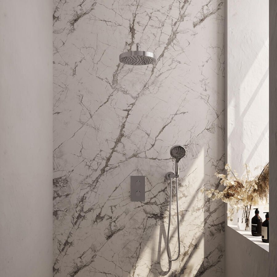 Brauer Stripe thermostatische inbouw regendouche 3-weg rechthoekig SET 17 met 25 cm douchekop en gebogen muurarm en 3-standen handdouche en doucheslang en wandaansluitbocht chroom