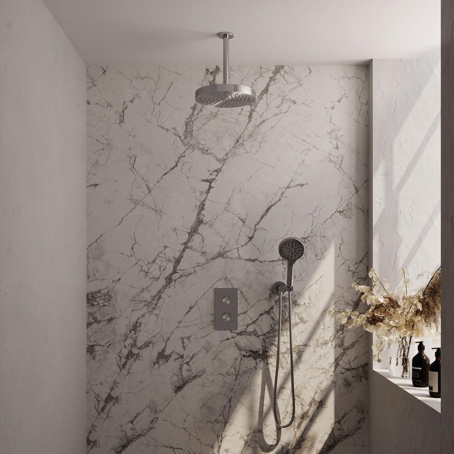 Brauer Stripe thermostatische inbouw regendouche 3-weg rechthoekig SET 18 met 25 cm douchekop en plafondarm en 3-standen handdouche en doucheslang en wandaansluitbocht RVS-kleurig geborsteld PVD