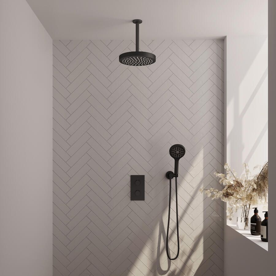 Brauer Stripe thermostatische inbouw regendouche 3-weg rechthoekig SET 18 met 25 cm douchekop en plafondarm en 3-standen handdouche en doucheslang en wandaansluitbocht mat zwart