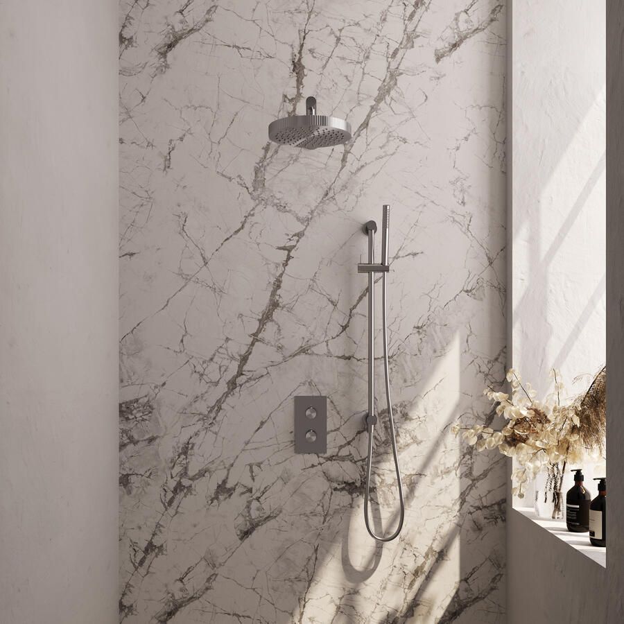 Brauer Stripe thermostatische inbouw regendouche 3-weg rechthoekig SET 19 met 25 cm douchekop en rechte muurarm en staaf handdouche en doucheslang en geintegreerde glijstang RVS-kleurig geborsteld PVD