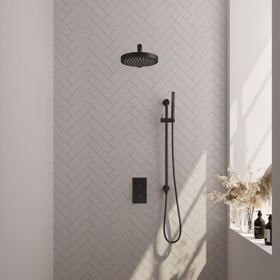 Brauer Stripe thermostatische inbouw regendouche 3-weg rechthoekig SET 19 met 25 cm douchekop en rechte muurarm en staaf handdouche en doucheslang en geintegreerde glijstang mat zwart