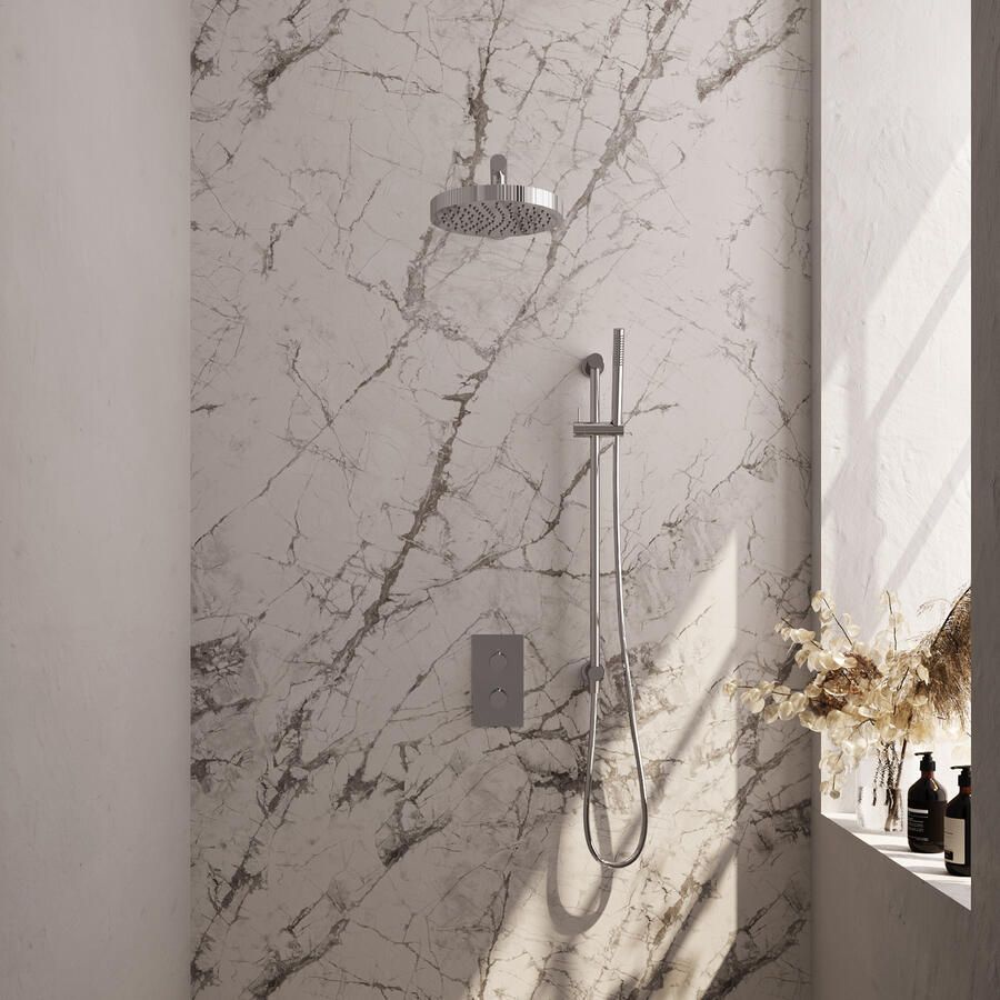 Brauer Stripe thermostatische inbouw regendouche 3-weg rechthoekig SET 19 met 25 cm douchekop en rechte muurarm en staaf handdouche en doucheslang en geintegreerde glijstang chroom