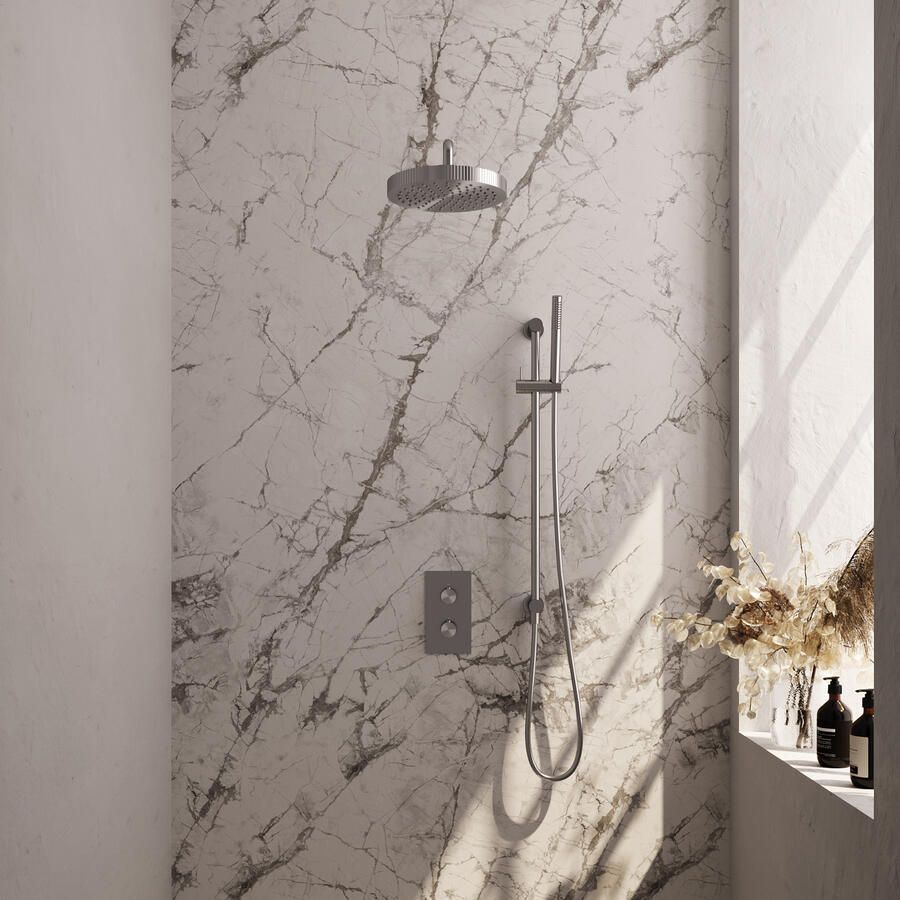 Brauer Stripe thermostatische inbouw regendouche 3-weg rechthoekig SET 20 met 25 cm douchekop en gebogen muurarm en staaf handdouche en doucheslang en geintegreerde glijstang RVS-kleurig geborsteld PVD
