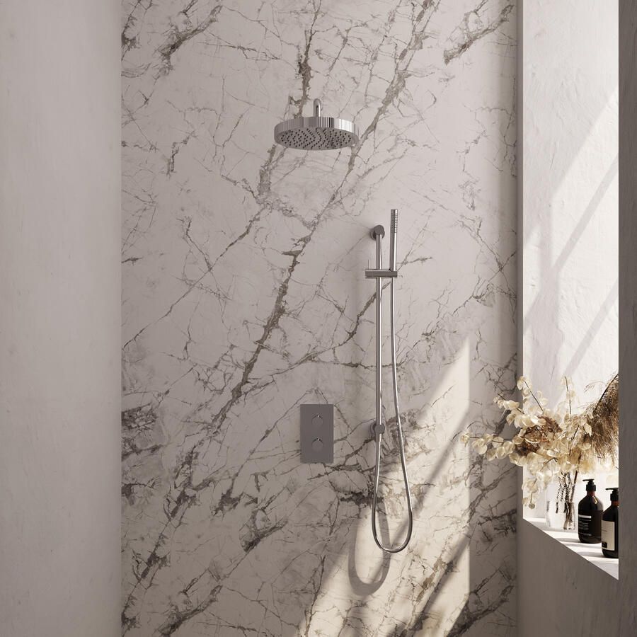 Brauer Stripe thermostatische inbouw regendouche 3-weg rechthoekig SET 20 met 25 cm douchekop en gebogen muurarm en staaf handdouche en doucheslang en geintegreerde glijstang chroom