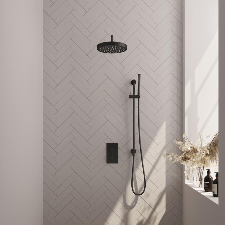 Brauer Stripe thermostatische inbouw regendouche 3-weg rechthoekig SET 20 met 25 cm douchekop en gebogen muurarm en staaf handdouche en doucheslang en geintegreerde glijstang mat zwart