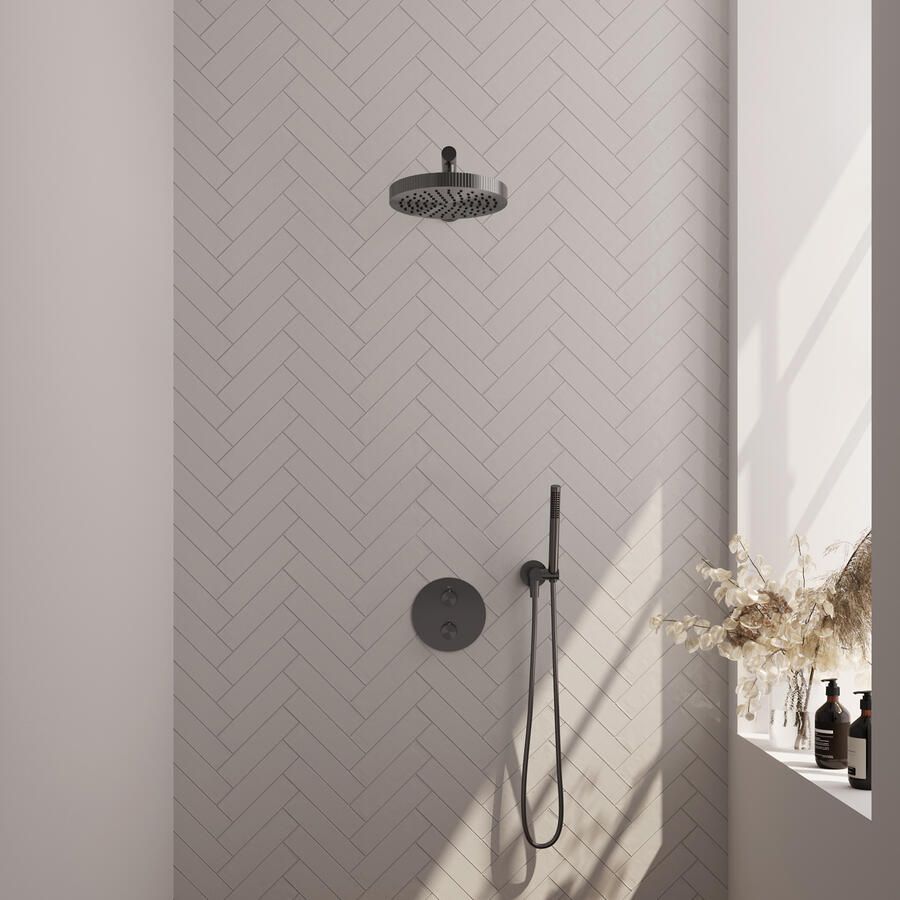 Brauer Stripe thermostatische inbouw regendouche 3-weg rond SET 37 met 25 cm douchekop en rechte muurarm en staaf handdouche en doucheslang en wandaansluitbocht gunmetal geborsteld PVD