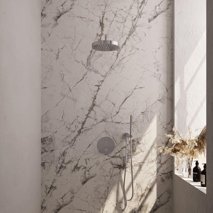 Brauer Stripe thermostatische inbouw regendouche 3-weg rond SET 38 met 25 cm douchekop en gebogen muurarm en staaf handdouche en doucheslang en wandaansluitbocht chroom