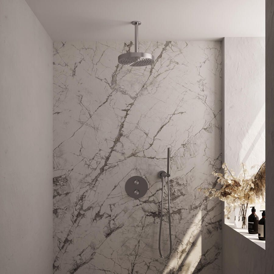 Brauer Stripe thermostatische inbouw regendouche 3-weg rond SET 39 met 25 cm douchekop en plafondarm en staaf handdouche en doucheslang en wandaansluitbocht RVS-kleurig geborsteld PVD