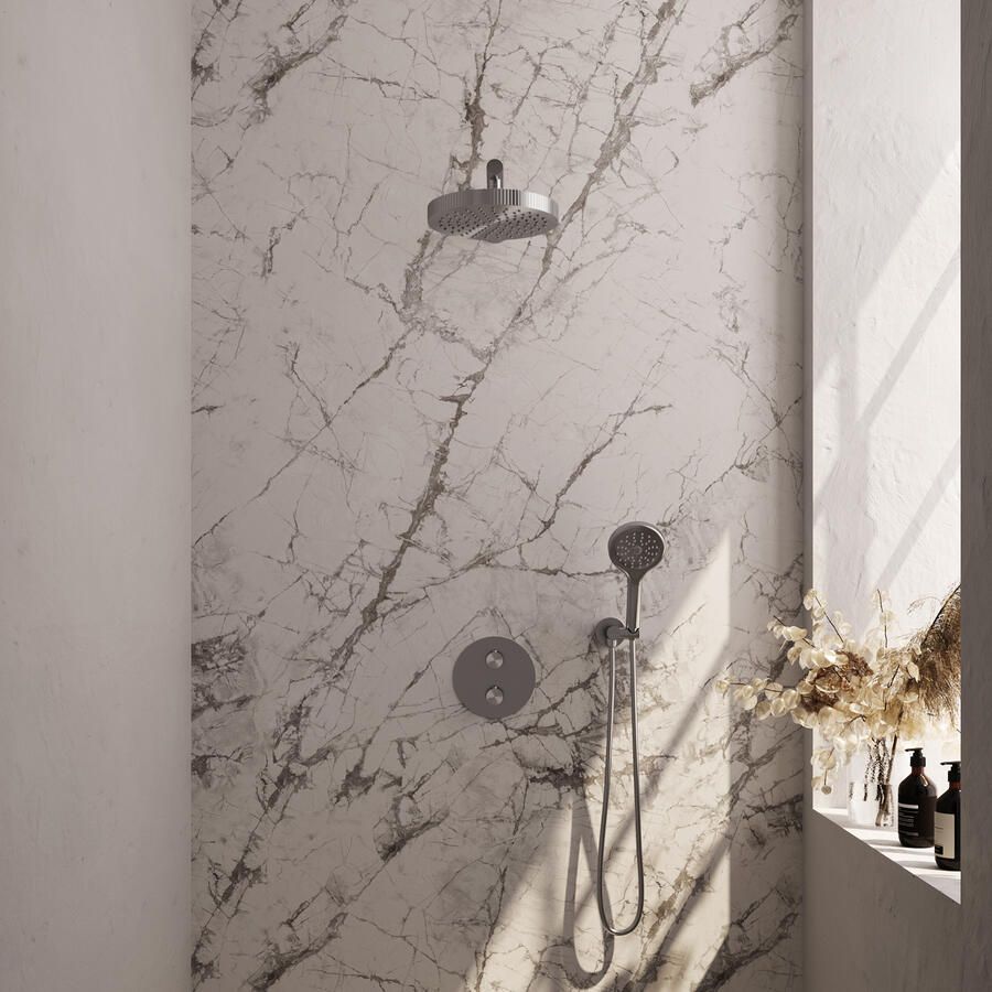 Brauer Stripe thermostatische inbouw regendouche 3-weg rond SET 40 met 25 cm douchekop en rechte muurarm en 3-standen handdouche en doucheslang en wandaansluitbocht RVS-kleurig geborsteld PVD