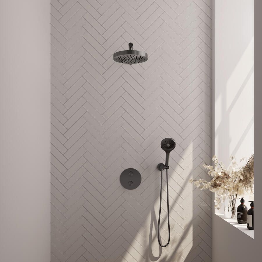 Brauer Stripe thermostatische inbouw regendouche 3-weg rond SET 40 met 25 cm douchekop en rechte muurarm en 3-standen handdouche en doucheslang en wandaansluitbocht gunmetal geborsteld PVD
