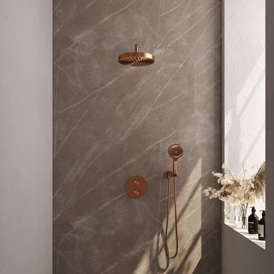 Brauer Stripe thermostatische inbouw regendouche 3-weg rond SET 41 met 25 cm douchekop en gebogen muurarm en 3-standen handdouche en doucheslang en wandaansluitbocht koper geborsteld PVD