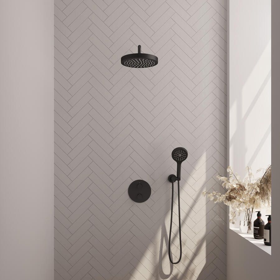 Brauer Stripe thermostatische inbouw regendouche 3-weg rond SET 41 met 25 cm douchekop en gebogen muurarm en 3-standen handdouche en doucheslang en wandaansluitbocht mat zwart