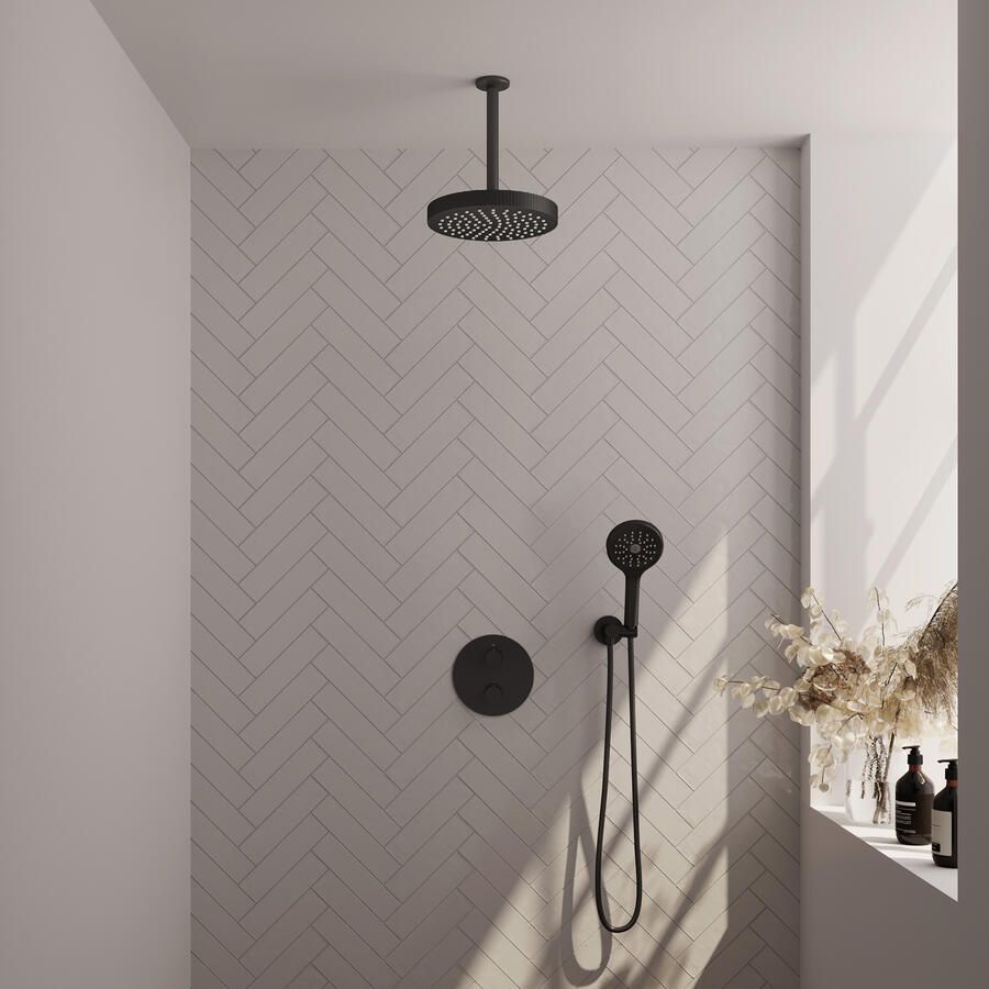 Brauer Stripe thermostatische inbouw regendouche 3-weg rond SET 42 met 25 cm douchekop en plafondarm en 3-standen handdouche en doucheslang en wandaansluitbocht mat zwart