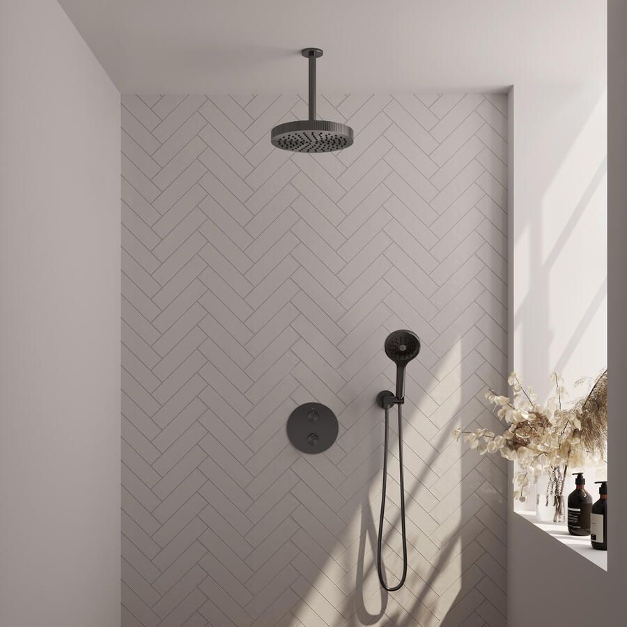 Brauer Stripe thermostatische inbouw regendouche 3-weg rond SET 42 met 25 cm douchekop en plafondarm en 3-standen handdouche en doucheslang en wandaansluitbocht gunmetal geborsteld PVD