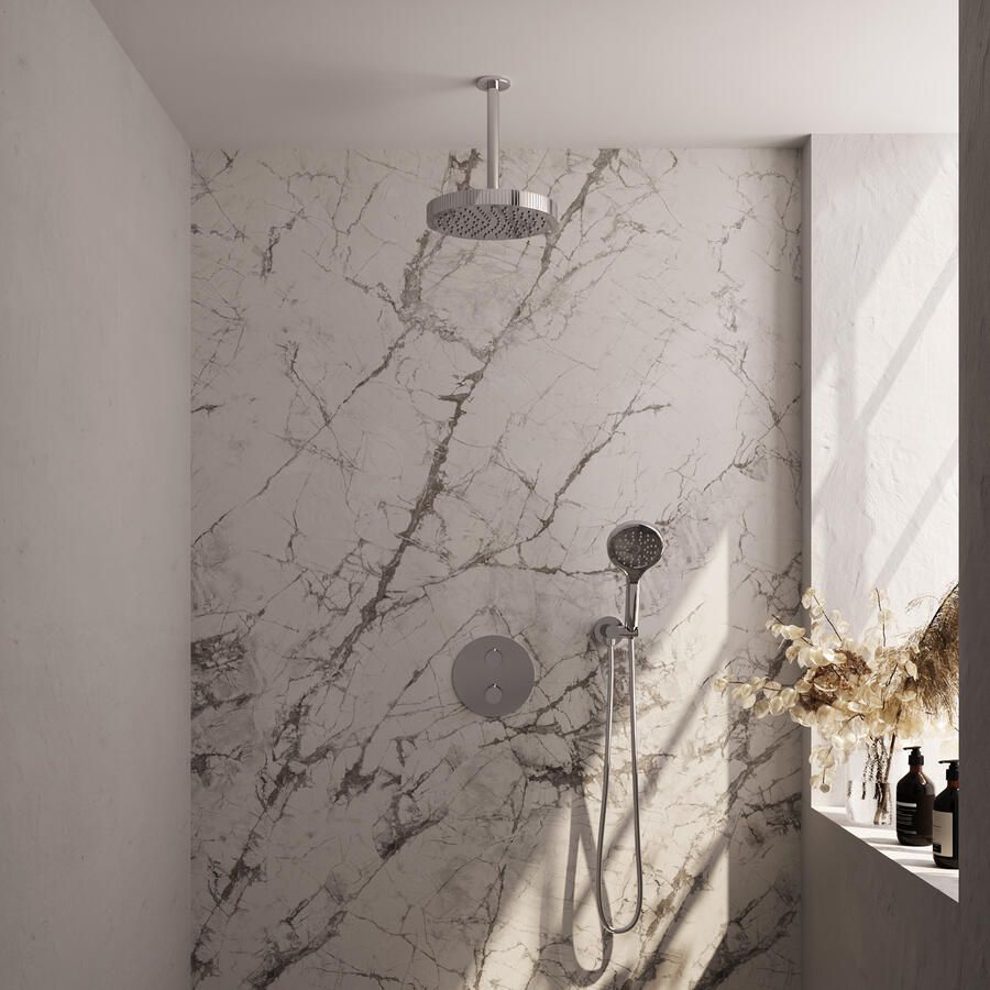 Brauer Stripe thermostatische inbouw regendouche 3-weg rond SET 42 met 25 cm douchekop en plafondarm en 3-standen handdouche en doucheslang en wandaansluitbocht chroom