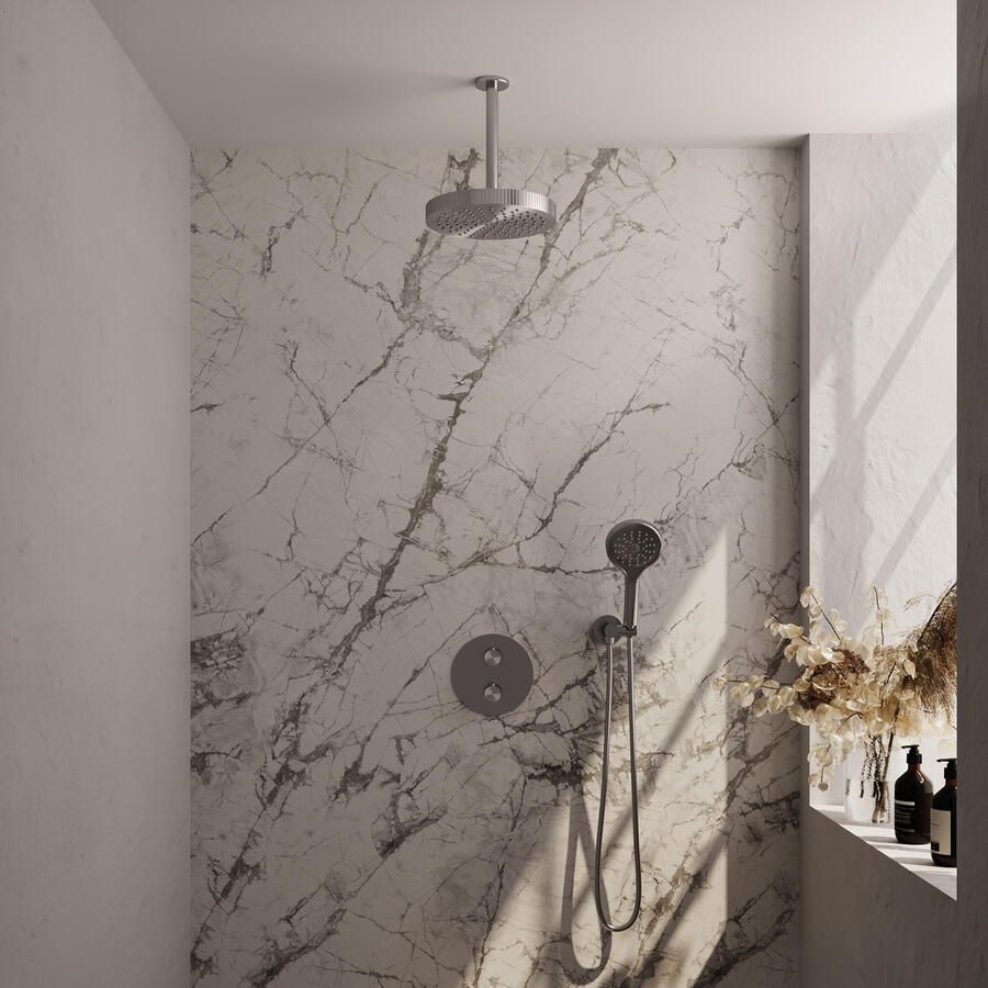 Brauer Stripe thermostatische inbouw regendouche 3-weg rond SET 42 met 25 cm douchekop en plafondarm en 3-standen handdouche en doucheslang en wandaansluitbocht RVS-kleurig geborsteld PVD