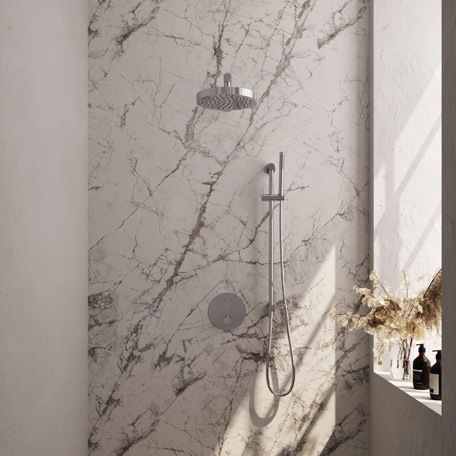 Brauer Stripe thermostatische inbouw regendouche 3-weg rond SET 43 met 25 cm douchekop en rechte muurarm en staaf handdouche en doucheslang en geintegreerde glijstang chroom