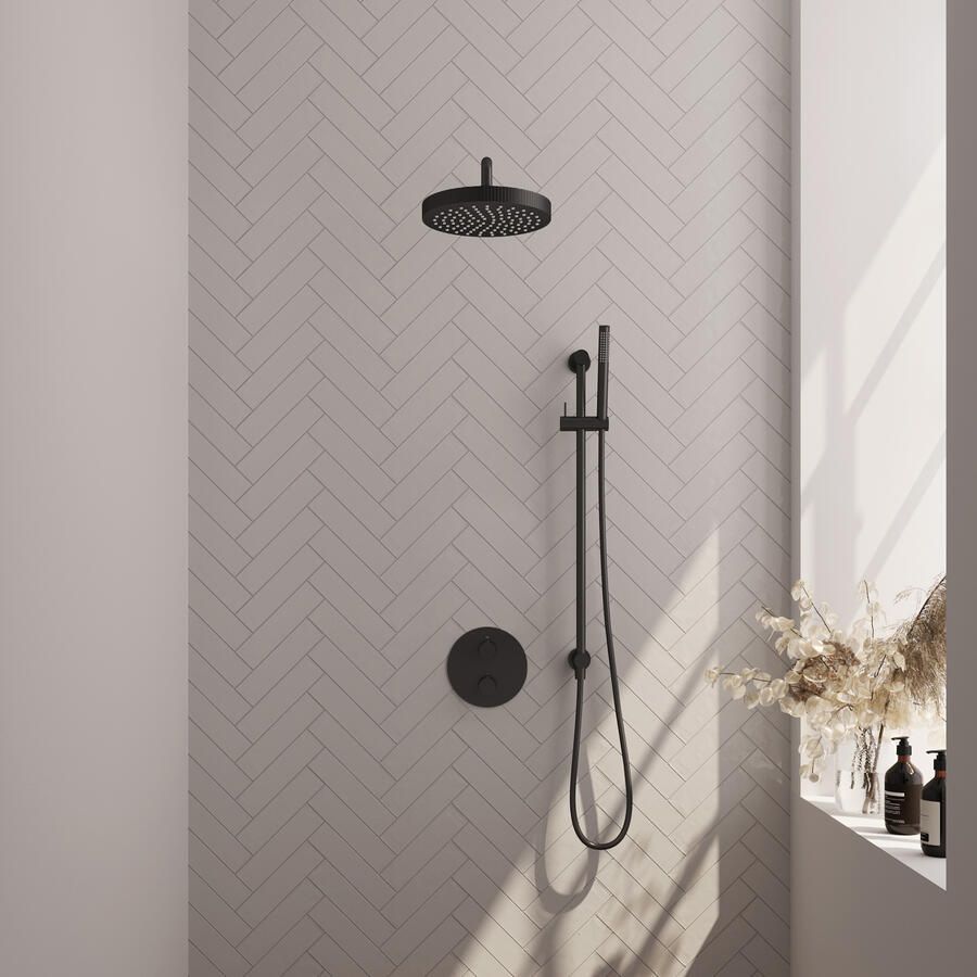 Brauer Stripe thermostatische inbouw regendouche 3-weg rond SET 44 met 25 cm douchekop en gebogen muurarm en staaf handdouche en doucheslang en geintegreerde glijstang mat zwart