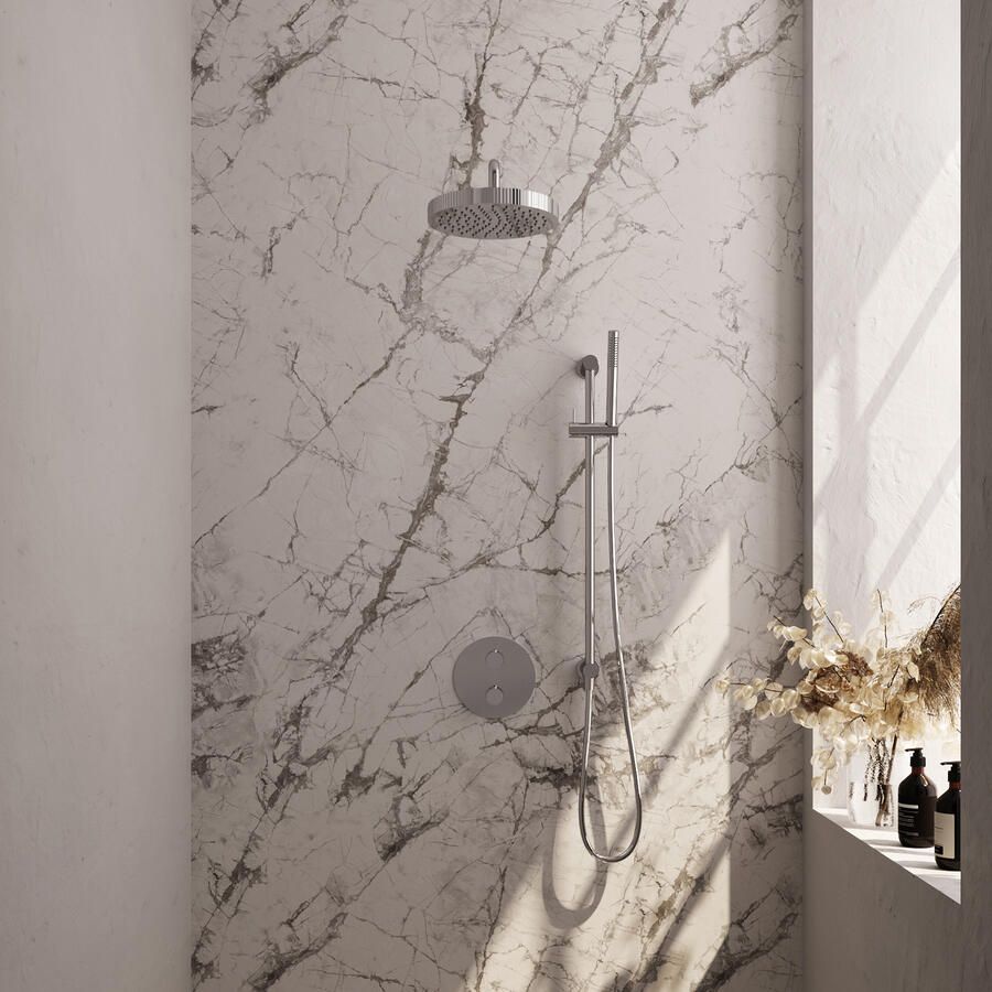 Brauer Stripe thermostatische inbouw regendouche 3-weg rond SET 44 met 25 cm douchekop en gebogen muurarm en staaf handdouche en doucheslang en geintegreerde glijstang chroom