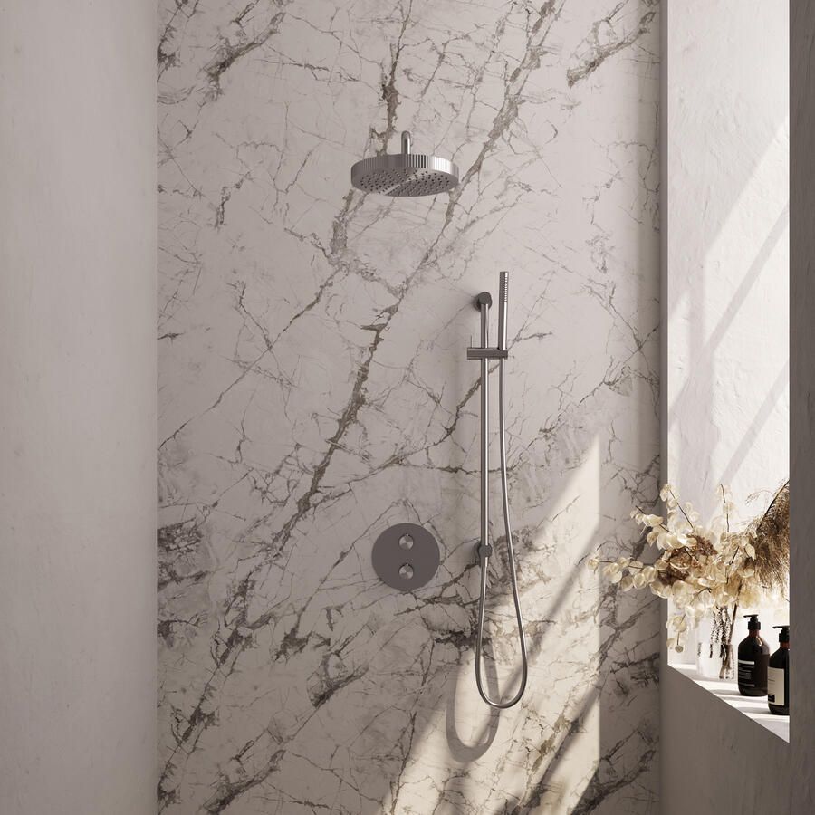 Brauer Stripe thermostatische inbouw regendouche 3-weg rond SET 44 met 25 cm douchekop en gebogen muurarm en staaf handdouche en doucheslang en geintegreerde glijstang RVS-kleurig geborsteld PVD