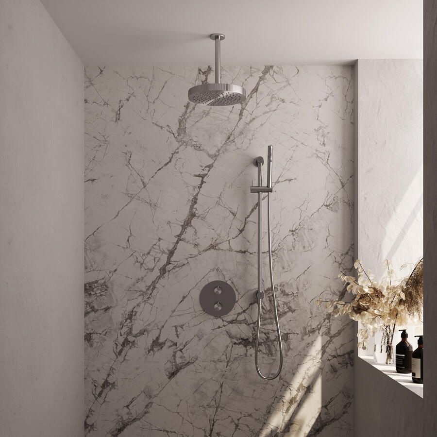 Brauer Stripe thermostatische inbouw regendouche 3-weg rond SET 45 met 25 cm douchekop en plafondarm en staaf handdouche en doucheslang en geintegreerde glijstang RVS-kleurig geborsteld PVD