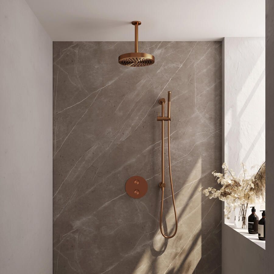 Brauer Stripe thermostatische inbouw regendouche 3-weg rond SET 45 met 25 cm douchekop en plafondarm en staaf handdouche en doucheslang en geintegreerde glijstang koper geborsteld PVD