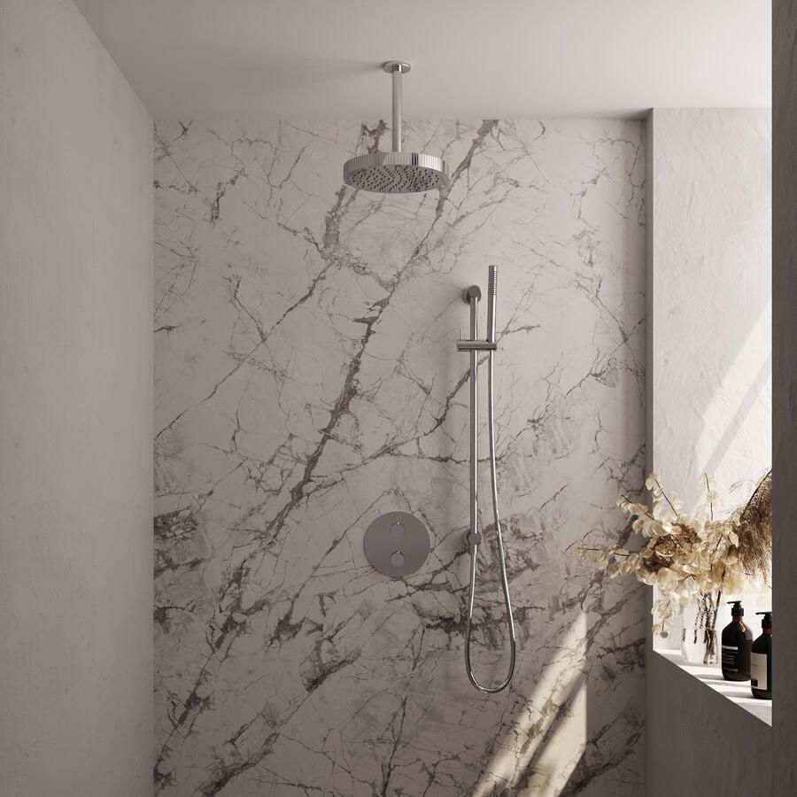 Brauer Stripe thermostatische inbouw regendouche 3-weg rond SET 45 met 25 cm douchekop en plafondarm en staaf handdouche en doucheslang en geintegreerde glijstang chroom