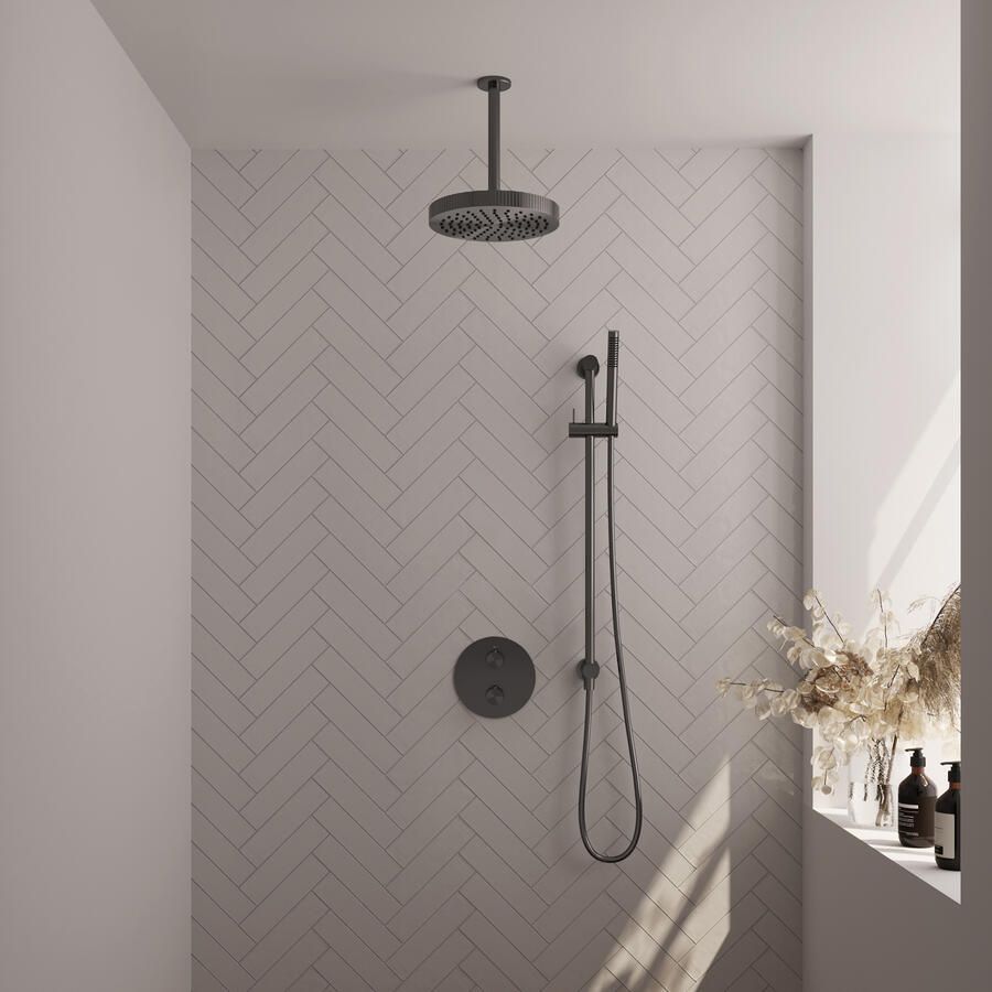 Brauer Stripe thermostatische inbouw regendouche 3-weg rond SET 45 met 25 cm douchekop en plafondarm en staaf handdouche en doucheslang en geintegreerde glijstang gunmetal geborsteld PVD