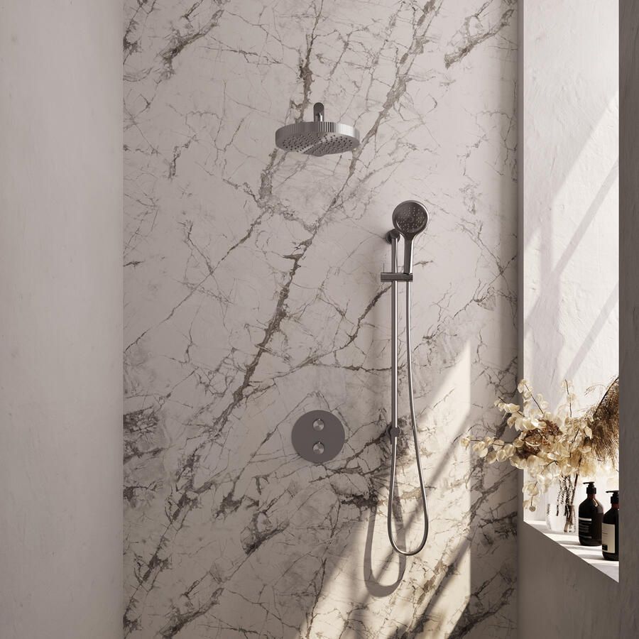 Brauer Stripe thermostatische inbouw regendouche 3-weg rond SET 46 met 25 cm douchekop en rechte muurarm en 3-standen handdouche en doucheslang en geintegreerde glijstang RVS-kleurig geborsteld PVD