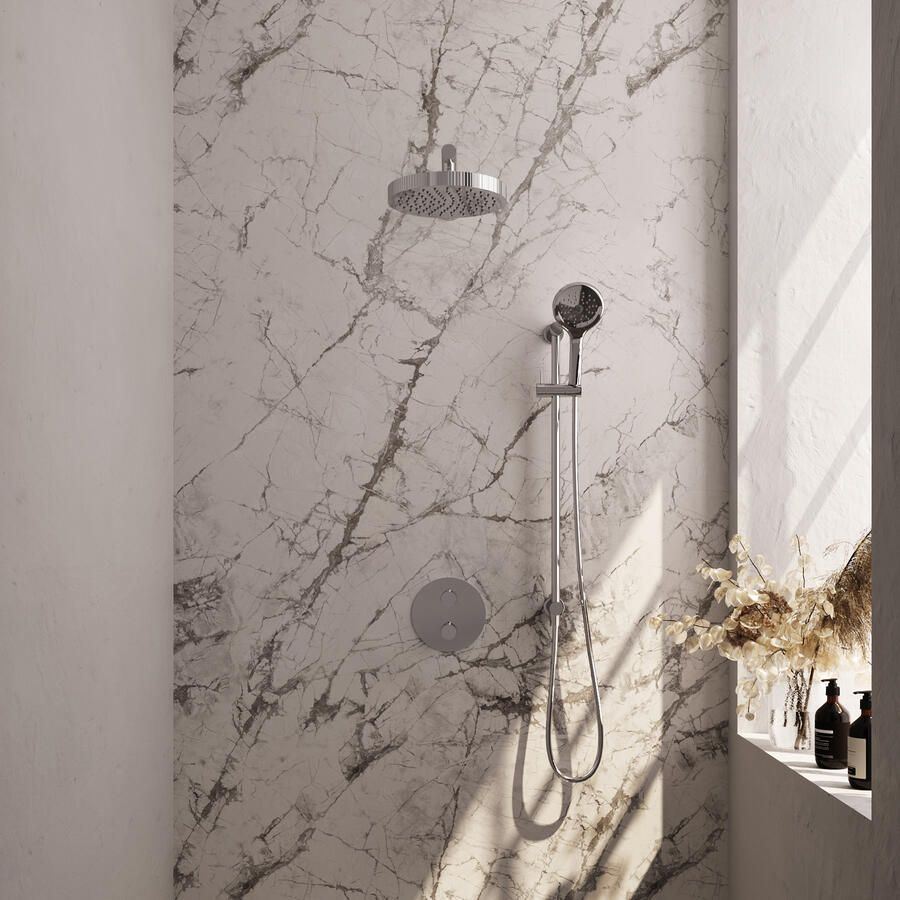 Brauer Stripe thermostatische inbouw regendouche 3-weg rond SET 46 met 25 cm douchekop en rechte muurarm en 3-standen handdouche en doucheslang en geintegreerde glijstang chroom