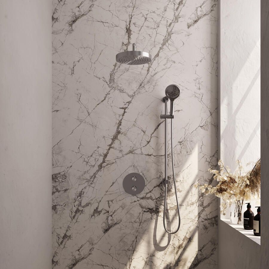 Brauer Stripe thermostatische inbouw regendouche 3-weg rond SET 47 met 25 cm douchekop en gebogen muurarm en 3-standen handdouche en doucheslang en geintegreerde glijstang RVS-kleurig geborsteld PVD