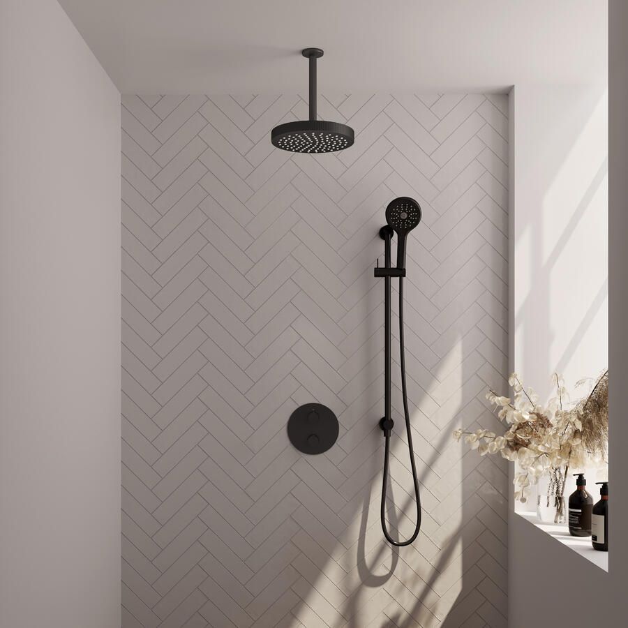 Brauer Stripe thermostatische inbouw regendouche 3-weg rond SET 48 met 25 cm douchekop en plafondarm en 3-standen handdouche en doucheslang en geintegreerde glijstang mat zwart