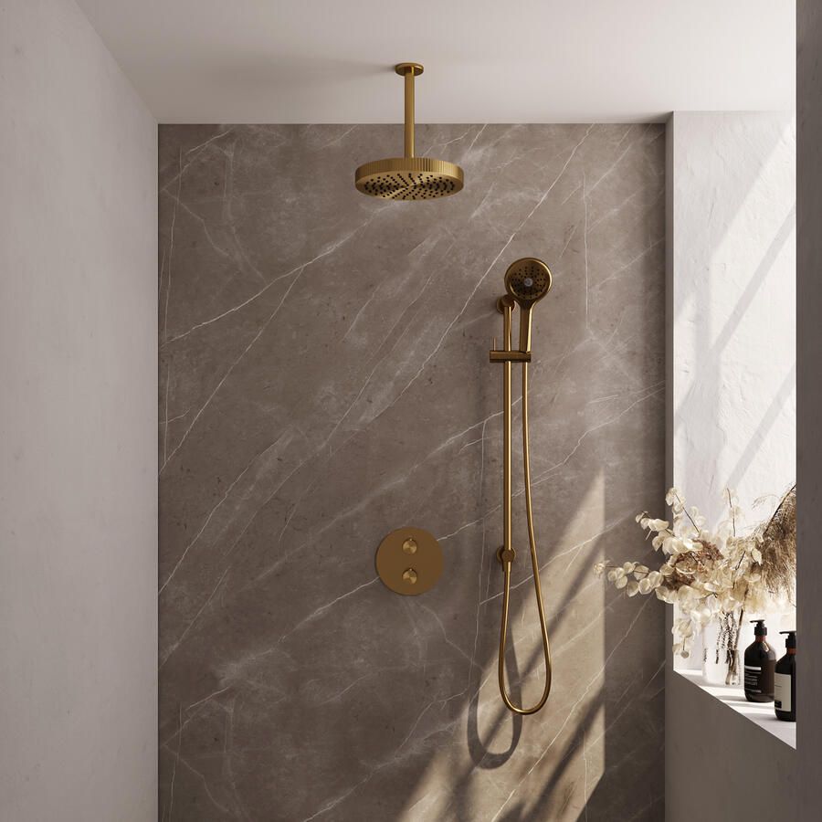 Brauer Stripe thermostatische inbouw regendouche 3-weg rond SET 48 met 25 cm douchekop en plafondarm en 3-standen handdouche en doucheslang en geintegreerde glijstang goud geborsteld PVD