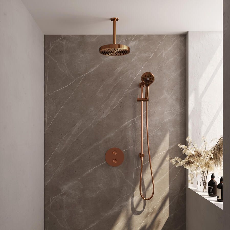 Brauer Stripe thermostatische inbouw regendouche 3-weg rond SET 48 met 25 cm douchekop en plafondarm en 3-standen handdouche en doucheslang en geintegreerde glijstang koper geborsteld PVD