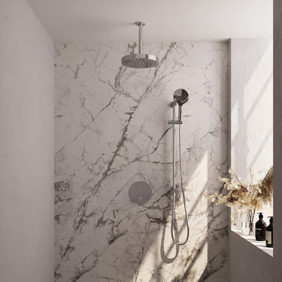 Brauer Stripe thermostatische inbouw regendouche 3-weg rond SET 48 met 25 cm douchekop en plafondarm en 3-standen handdouche en doucheslang en geintegreerde glijstang chroom