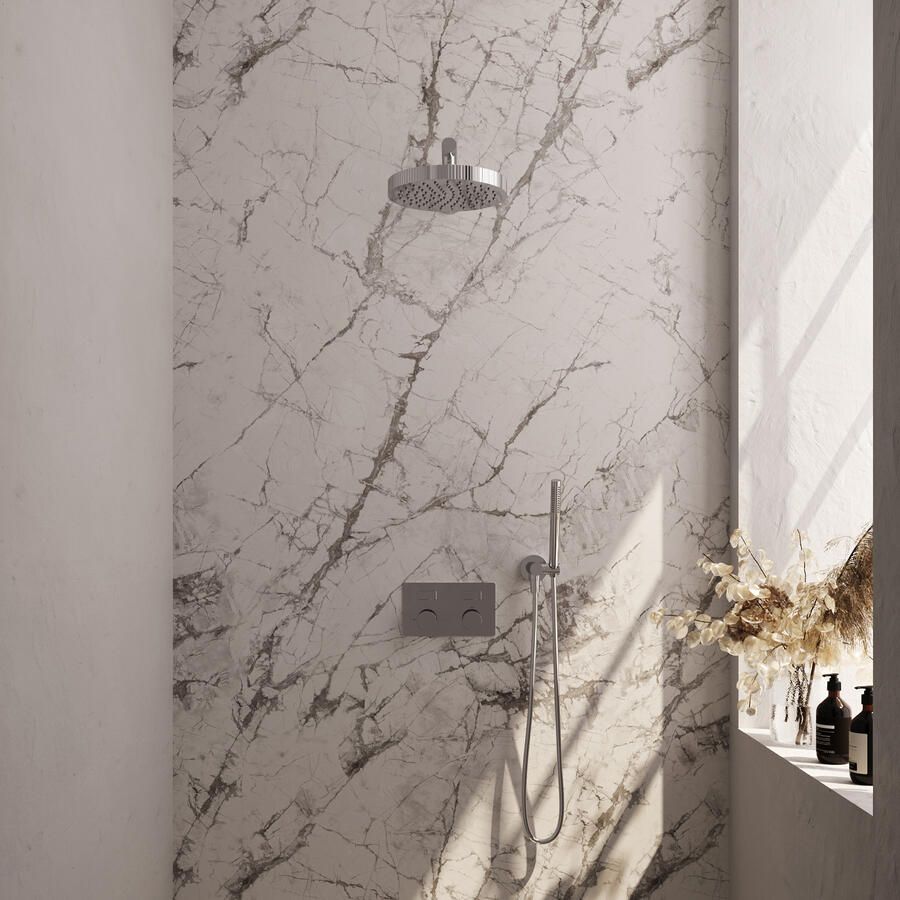 Brauer Stripe thermostatische inbouw regendouche met drukknoppen SET 25 met 25 cm douchekop en rechte muurarm en staaf handdouche en doucheslang en wandaansluitbocht chroom