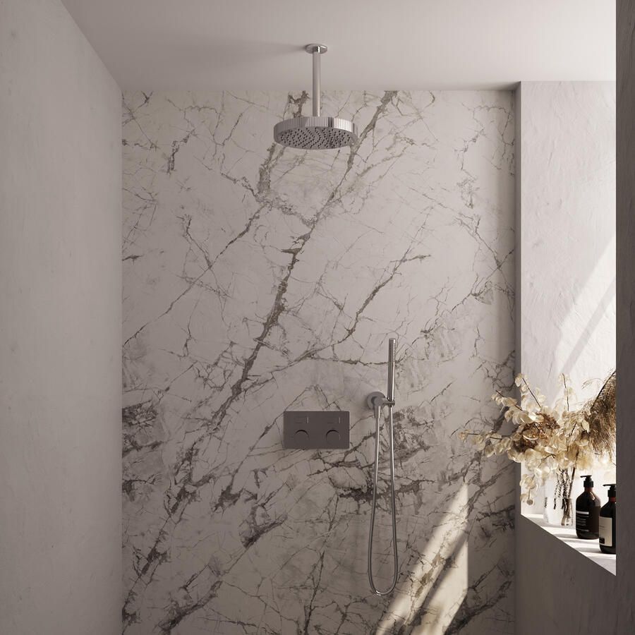 Brauer Stripe thermostatische inbouw regendouche met drukknoppen SET 27 met 25 cm douchekop en plafondarm en staaf handdouche en doucheslang en wandaansluitbocht chroom