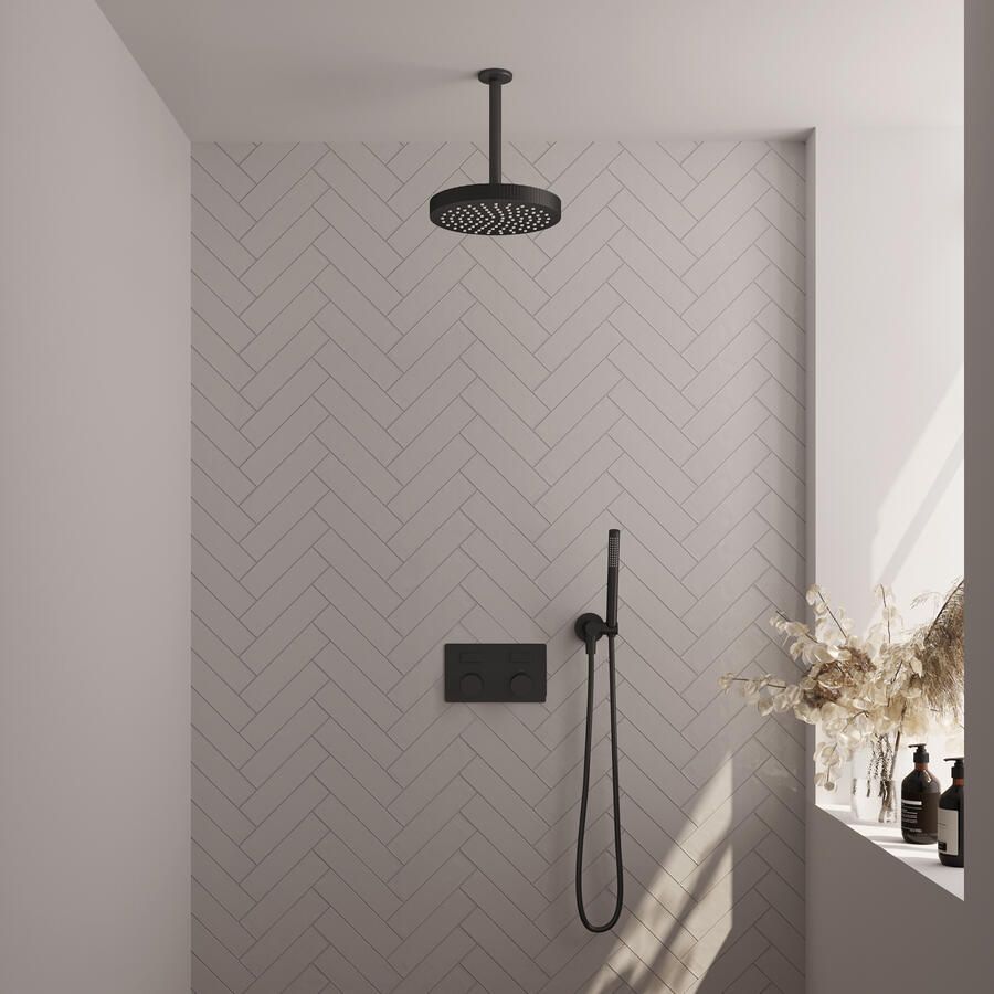 Brauer Stripe thermostatische inbouw regendouche met drukknoppen SET 27 met 25 cm douchekop en plafondarm en staaf handdouche en doucheslang en wandaansluitbocht mat zwart