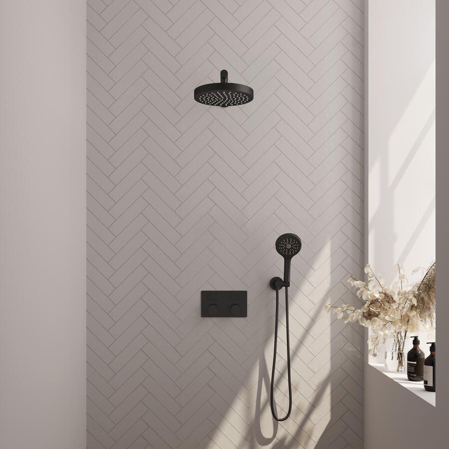 Brauer Stripe thermostatische inbouw regendouche met drukknoppen SET 28 met 25 cm douchekop en rechte muurarm en 3-standen handdouche en doucheslang en wandaansluitbocht mat zwart