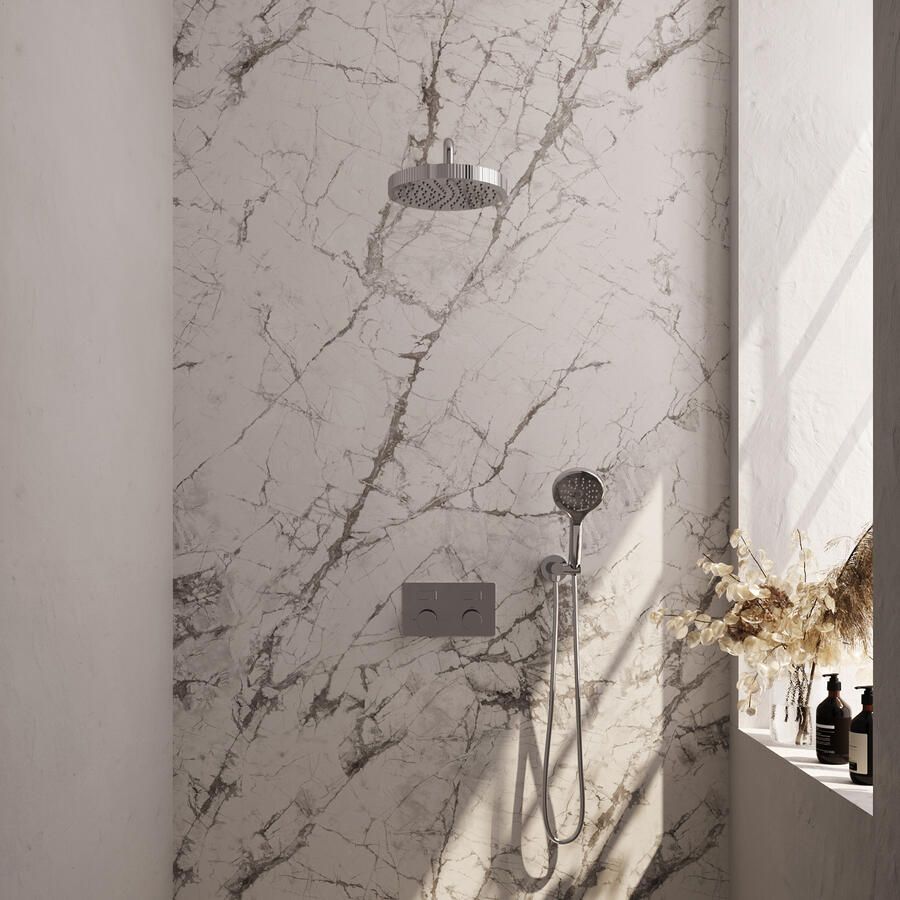 Brauer Stripe thermostatische inbouw regendouche met drukknoppen SET 29 met 25 cm douchekop en gebogen muurarm en 3-standen handdouche en doucheslang en wandaansluitbocht chroom