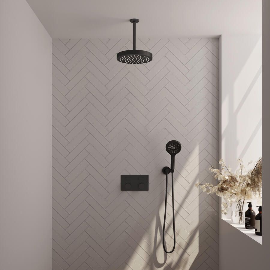 Brauer Stripe thermostatische inbouw regendouche met drukknoppen SET 30 met 25 cm douchekop en plafondarm en 3-standen handdouche en doucheslang en wandaansluitbocht mat zwart
