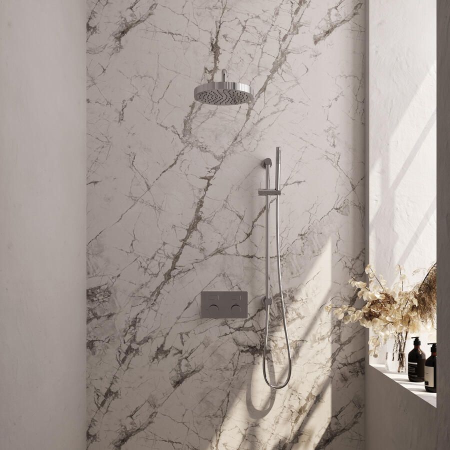 Brauer Stripe thermostatische inbouw regendouche met drukknoppen SET 32 met 25 cm douchekop en gebogen muurarm en staaf handdouche en doucheslang en geintegreerde glijstang chroom