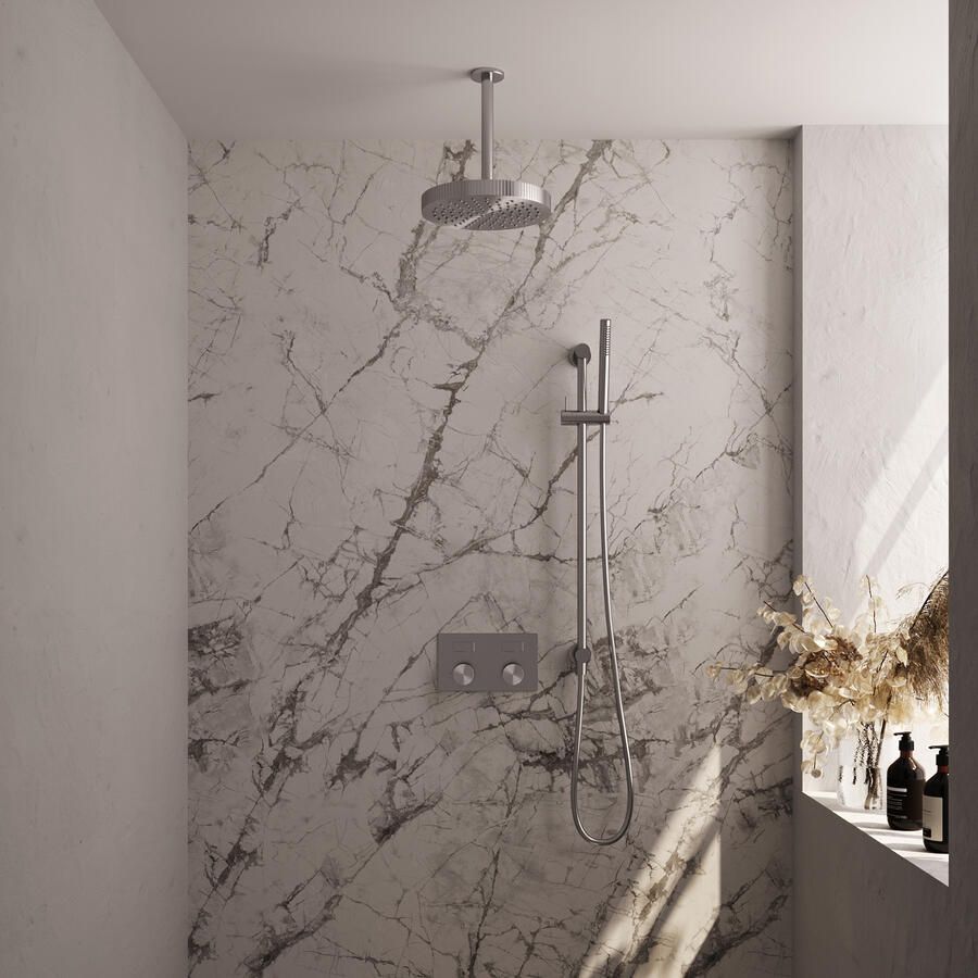 Brauer Stripe thermostatische inbouw regendouche met drukknoppen SET 33 met 25 cm douchekop en plafondarm en staaf handdouche en doucheslang en geintegreerde glijstang RVS-kleurig geborsteld PVD