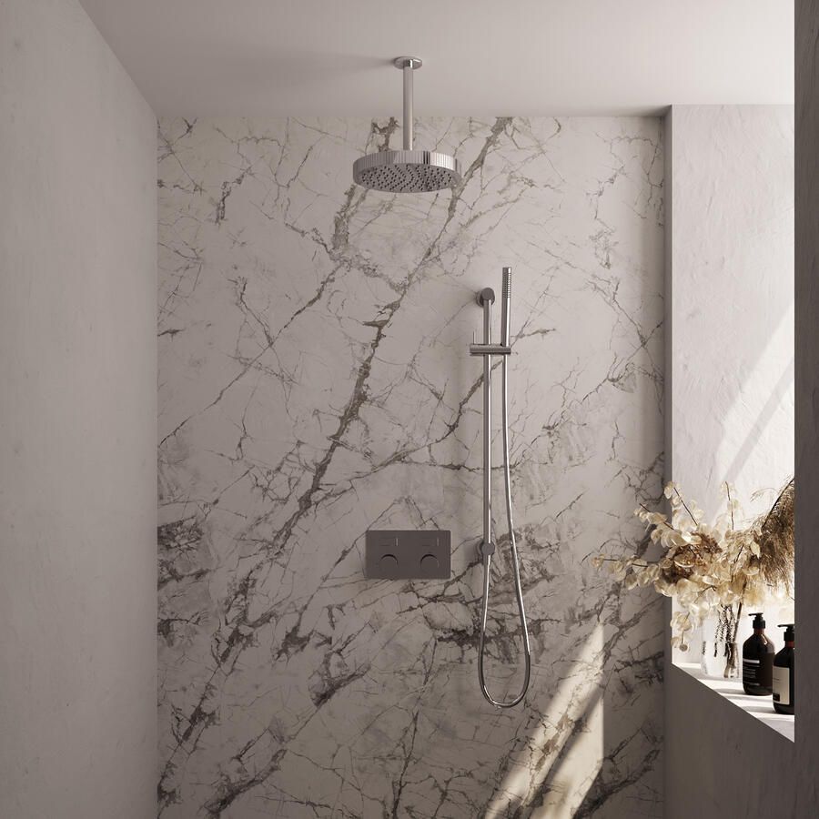 Brauer Stripe thermostatische inbouw regendouche met drukknoppen SET 33 met 25 cm douchekop en plafondarm en staaf handdouche en doucheslang en geintegreerde glijstang chroom