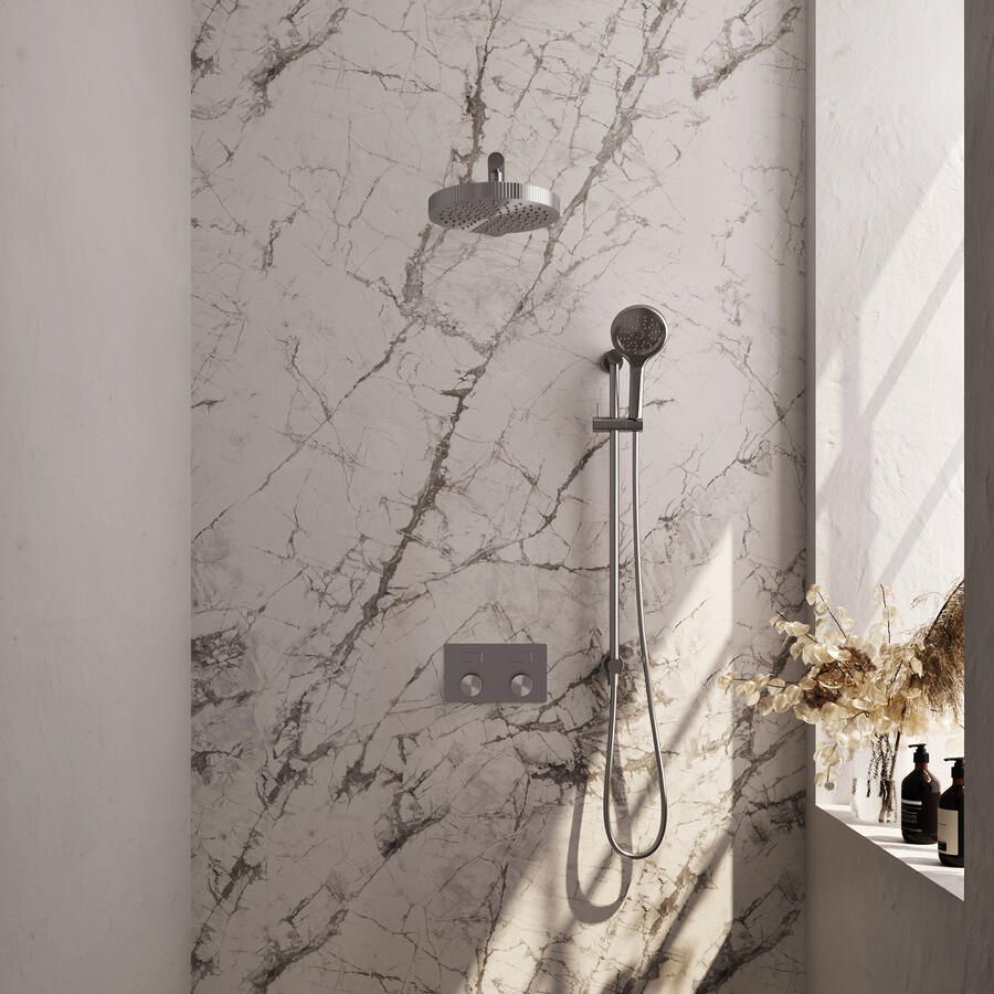 Brauer Stripe thermostatische inbouw regendouche met drukknoppen SET 34 met 25 cm douchekop en rechte muurarm en 3-standen handdouche en doucheslang en geintegreerde glijstang RVS-kleurig geborsteld PVD