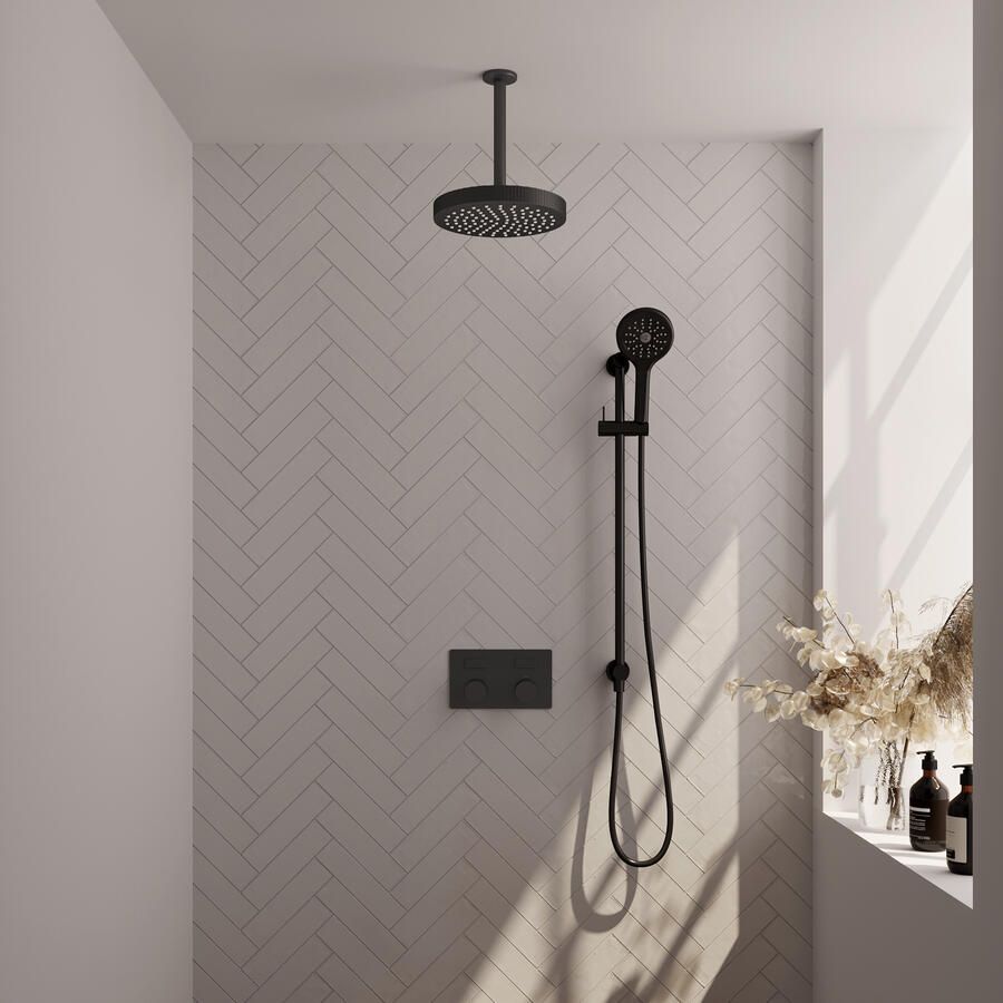 Brauer Stripe thermostatische inbouw regendouche met drukknoppen SET 36 met 25 cm douchekop en plafondarm en 3-standen handdouche en doucheslang en geintegreerde glijstang mat zwart