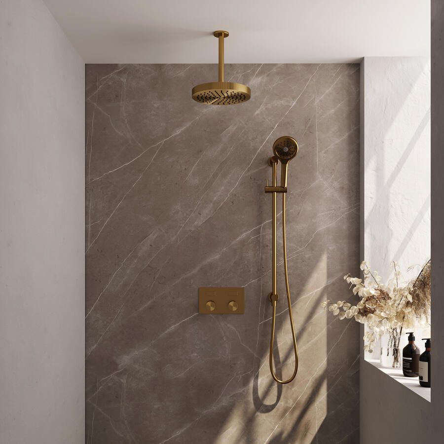 Brauer Stripe thermostatische inbouw regendouche met drukknoppen SET 36 met 25 cm douchekop en plafondarm en 3-standen handdouche en doucheslang en geintegreerde glijstang goud geborsteld PVD